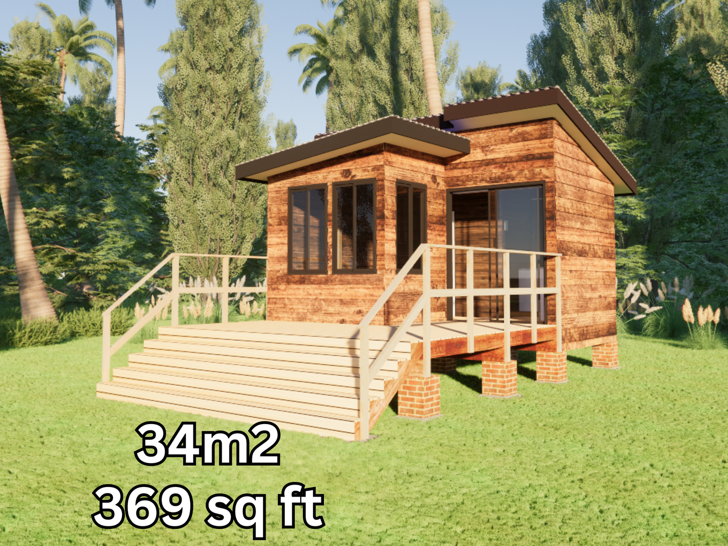 Tiny L-Shape Cabin - 34m2 (369 sq ft) + DIY Construction Guide and Materials List