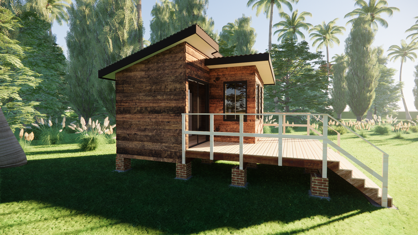 Tiny L-Shape Cabin - 34m2 (369 sq ft) + DIY Construction Guide and Materials List