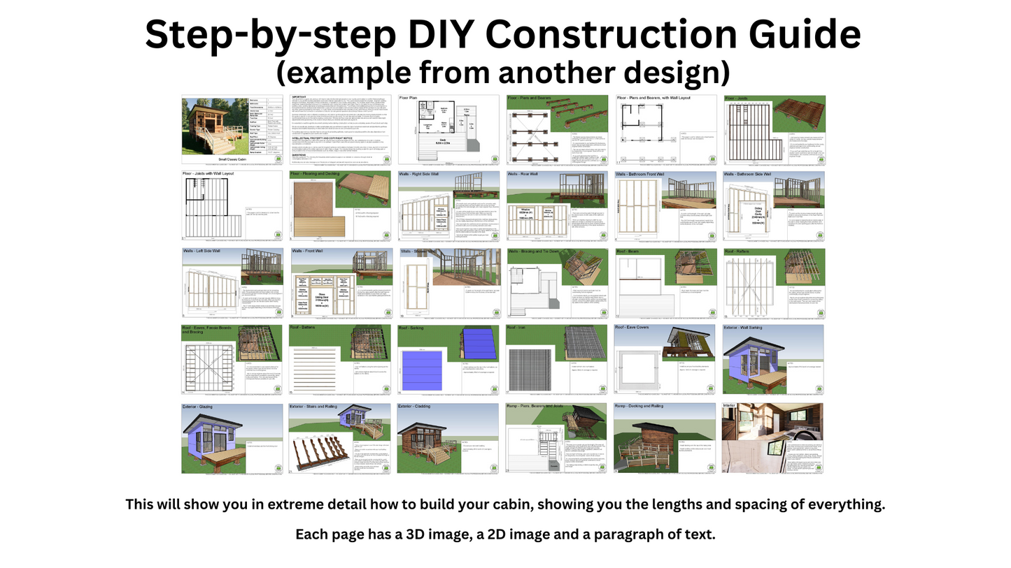 Tiny L-Shape Cabin - 34m2 (369 sq ft) + DIY Construction Guide and Materials List